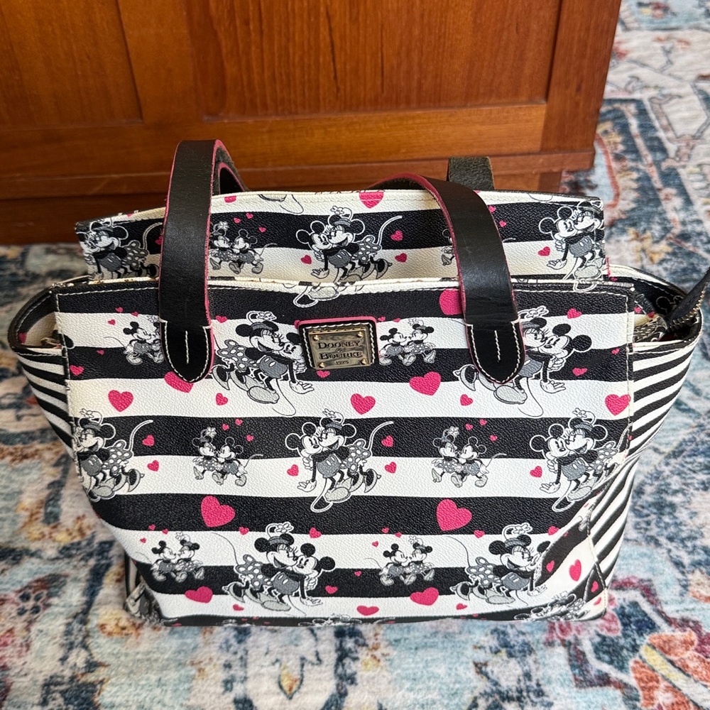 Dooney & Bourke Black & White Stripe Mickey Mouse Tote with Pink Hearts - Picture 6 of 10